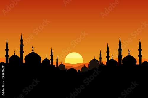 Ramadan mosque silhouette sunset illustration. Islamic Ramadan holy month evening cityscape with crescent moon