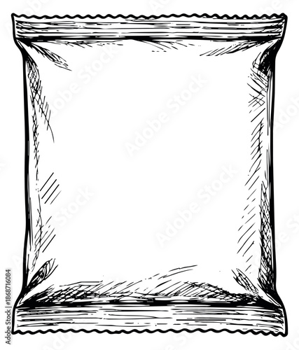 Hand drawn line art illustration of a blank snack bag depicting a sealed flexible pouch for food packaging design