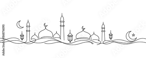 Ramadan continuous line skyline illustration. Islamic Ramadan holy month mosque cityscape with crescent and lanterns