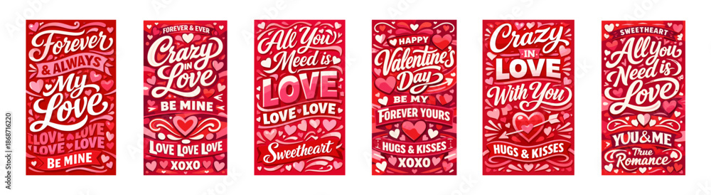 Naklejka premium Valentines day love quote banner collection. Valentine Day romantic lettering posters with hearts and kisses