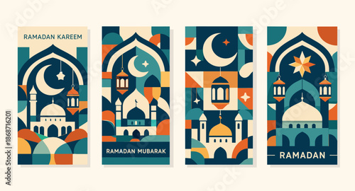 Ramadan kareem decorative poster collection. Islamic Ramadan celebration with mosque crescent moon and lanterns
