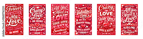 Valentines day love quote banner collection. Valentine Day romantic lettering posters with hearts and kisses