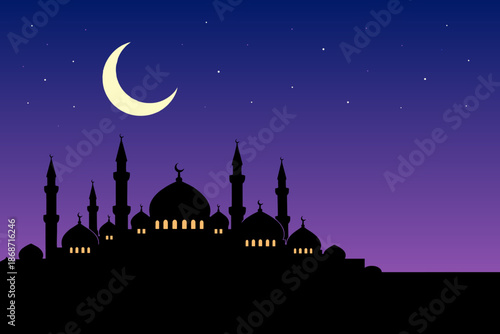 Ramadan mosque night illustration. Islamic Ramadan holy month skyline with crescent moon and peaceful evening atmosphere