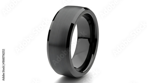 Modern Matte Black Brushed Tungsten Carbide Wedding Band for Men. Minimalist Durable Scratch Resistant Jewelry Fashion Ring. Sleek Contemporary Black Ring Isolated on White Background
