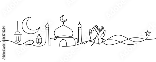 Ramadan continuous line mosque illustration. Islamic Ramadan holy month scene with crescent lanterns and prayer hands