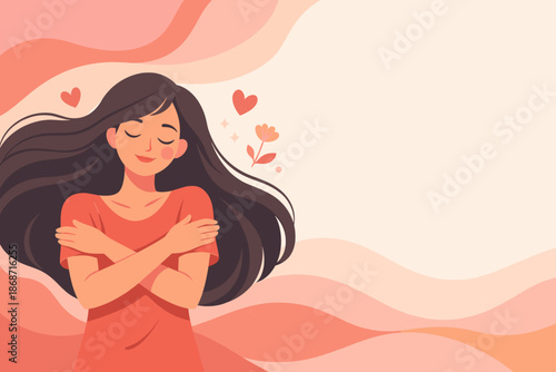 Valentines day self love illustration. Valentine Day concept of self care woman hugging herself with hearts