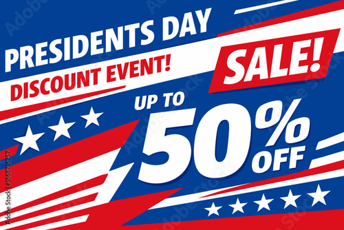 Presidents day sale poster illustration. United States Presidents Day promotion with up to fifty percent discount