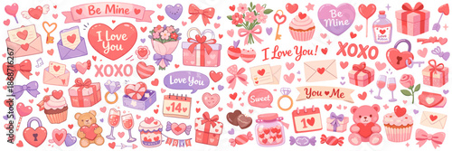 Valentines day pastel elements pattern illustration. Valentine Day love icons with hearts gifts cupcakes and messages