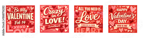 Valentines day romantic quote poster set. Valentine Day love typography cards with hearts and decorative elements