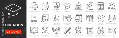 Education line icon set. Editable Stroke. E-learning, online education, school, student, science, lecture, online test - stock vector.