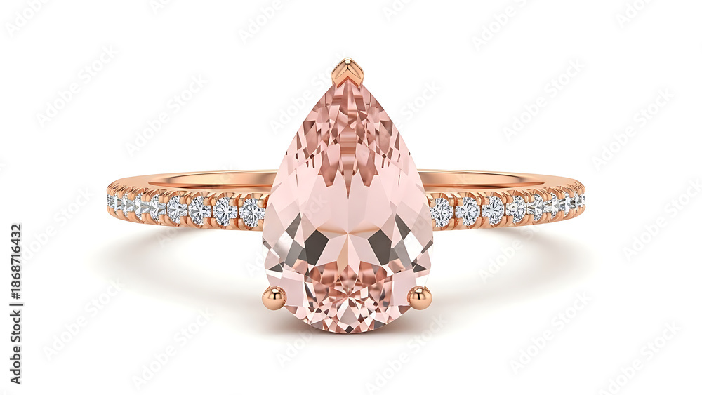 Fototapeta premium Pear Cut Morganite Engagement Ring with Diamond Halo in 14k Rose Gold. Elegant Peach Gemstone Ring for Wedding and Bridal Jewelry. Feminine Pink Stone Ring Isolated on White
