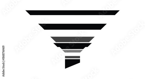 A grayscale funnel design with layered stripes diminishing in width creating a striking silhouette
