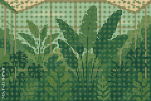 Halftone Artistic Render of Tropical Plants Layered Behind Translucent Glass Panels