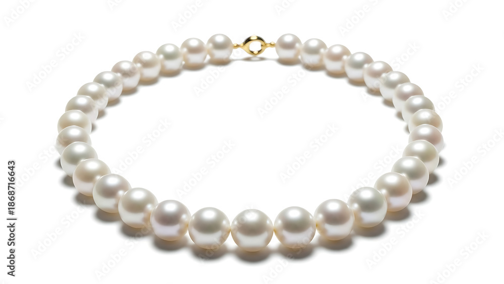 Fototapeta premium Classic Round White Pearl Necklace with Yellow Gold Clasp. Elegant String of High Luster Cultured Pearls for Bridal and Wedding Jewelry. Timeless Pearl Jewelry for Women Accessories.