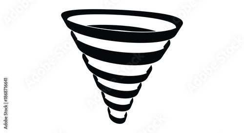 A striking depiction of a funnel shaped vortex with alternating black and white bands silhouette