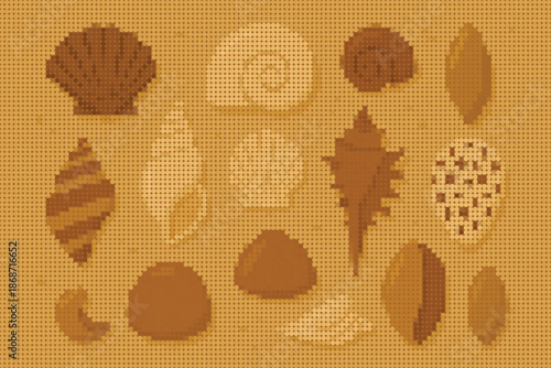 Halftone Graphic of Various Seashells Neatly Arranged on a Sandy Beach Background