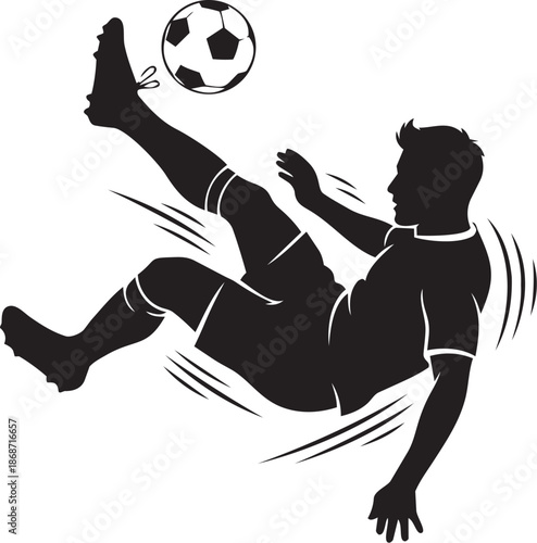 Dynamic Black Silhouette Soccer Player Performing Bicycle Kick Mid Air Action Pose Athletic Energy Football Sport Concept Vector Illustration Isolated White Background