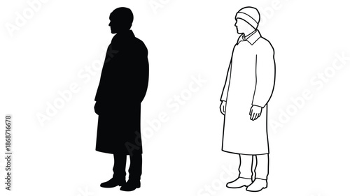 Two men in traditional robes facing each other black and white silhouette