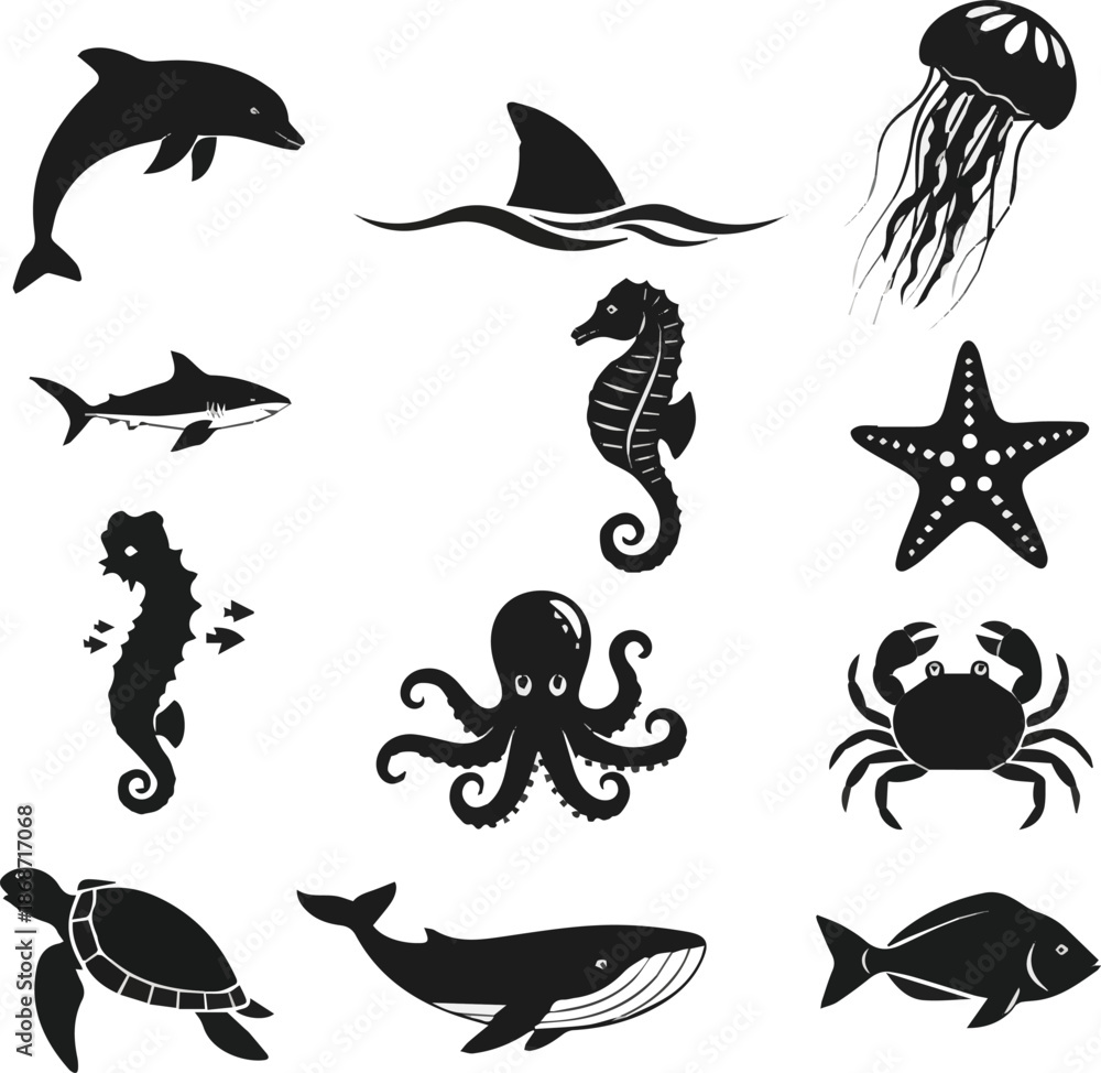 Fototapeta premium Create a Sea life silhouette icons set – marine, ocean, aquatic creatures symbols with vector illustration