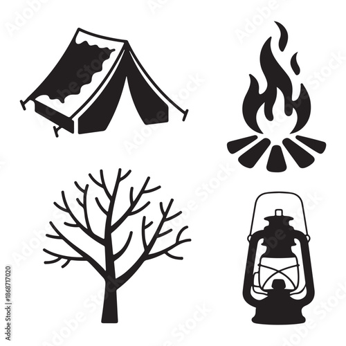 Winter camping adventure icon set for cold outdoor travel