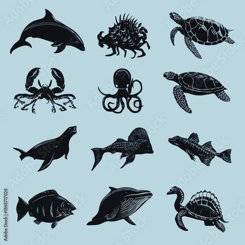 Create a Sea life silhouette icons set – marine, ocean, aquatic creatures symbols with vector illustration