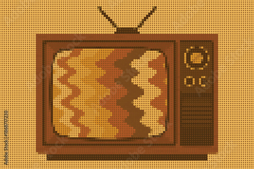 Retro Halftone Illustration of a Wood Framed Television with Abstract Static on the Screen