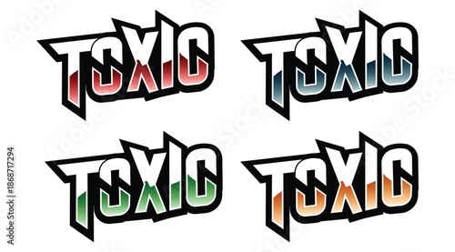 toxic text logo typography design set, modern graffiti style lettering, colorful streetwear gaming logo vector