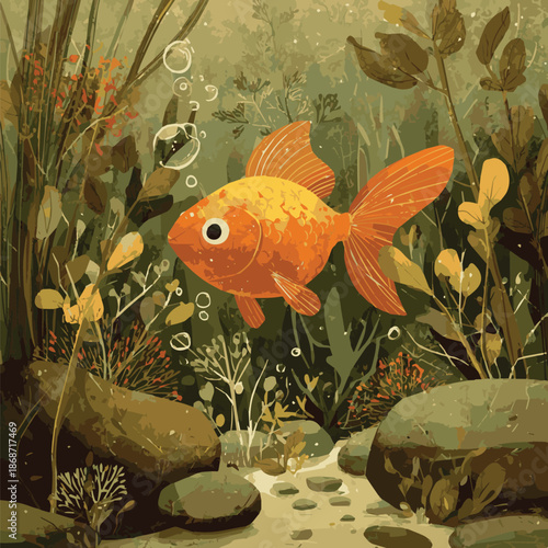 Create a simple Cheerful goldfish swims among aquatic plants and rocks, surrounded by bubbles in underwater scene