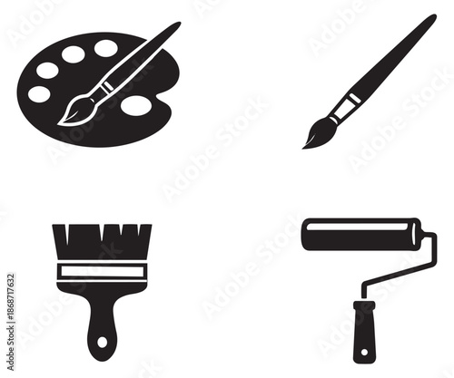 Simple vector painting tools set featuring an artist palette, various paintbrushes, and a paint roller for creative art and home improvement
