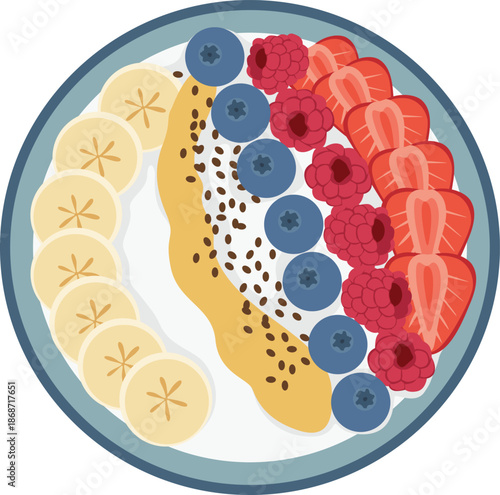 Flat lay of a plate with sliced bananas, blueberries, raspberries, and strawberries on a white background with a light blue rim.