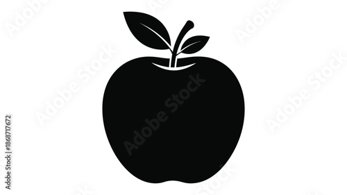 A simple black apple with a leaf depicted as a striking silhouette