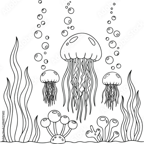 Create a Simple coloring page featuring jellyfish surrounded by aquatic plants and bubbles, creating serene underwater scene