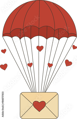 Vintage tattoo vector of a love letter envelope falling with a red parachute. 1940s Americana air mail art with hearts for romantic delivery, wedding invites, and retro valentine designs.