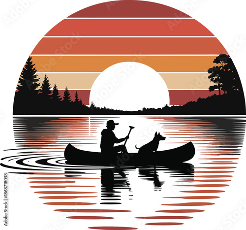 Man paddles canoe with dog.