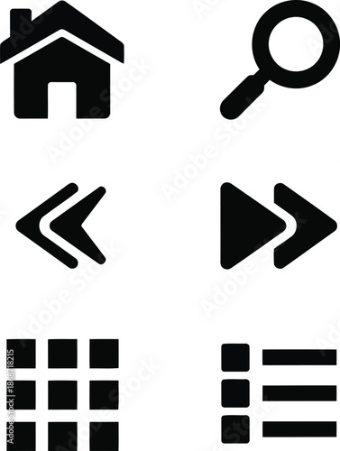 Black icons for home search back forward menu list