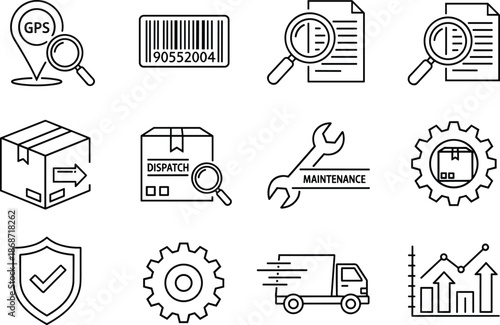 Logistics delivery and supply chain icon set with barcode GPS dispatch and maintenance, technical CAD drawing flat vector illustration for shipping