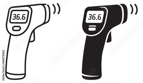 Line art and solid infrared thermometer icons set featuring a digital display showing 36.6 for health monitoring and medical diagnostics