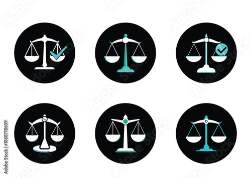 Stylized Justice Scale Icons with Black Background Representing Fairness and Balance
