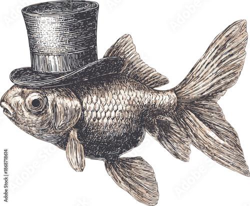 Isolated on gold fish wear top hat sketch engraving black and white outline. Scratch board imitation. illustrated in vintage line art style on a white background