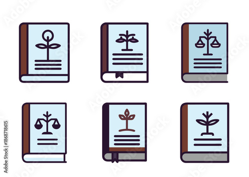 Stylized Icons of Books Featuring Law Scales and Plant Growth Imagery