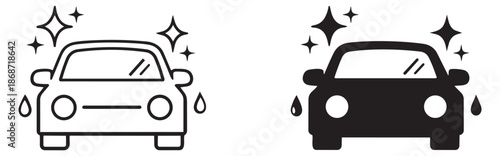 Line art and solid car wash icon set featuring a shining vehicle with water drops for automotive cleaning services