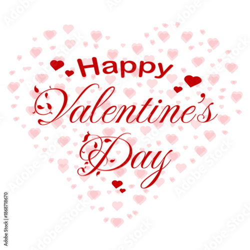 A festive Valentine's Day graphic featuring 'Happy Valentine's Day' in red text surrounded by numerous small pink and red hearts on an isolated white background