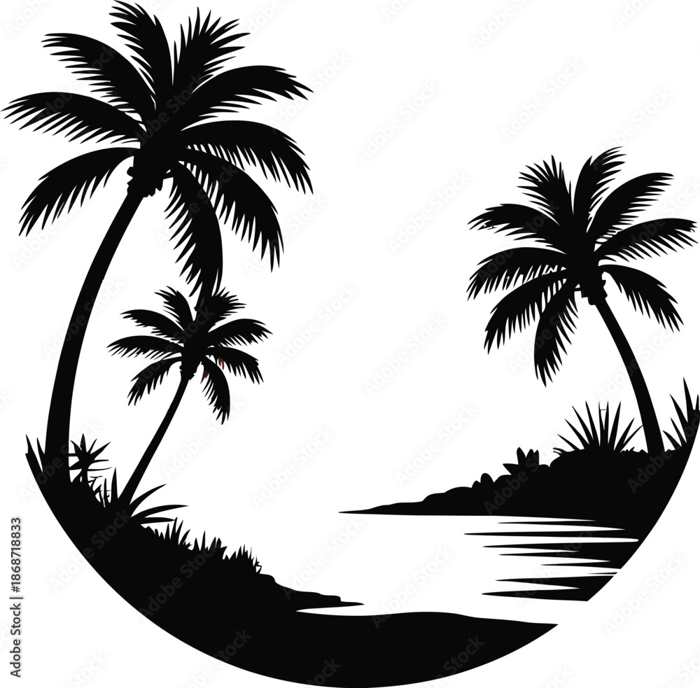 Fototapeta premium Tropical Palm Beach Circular Silhouette