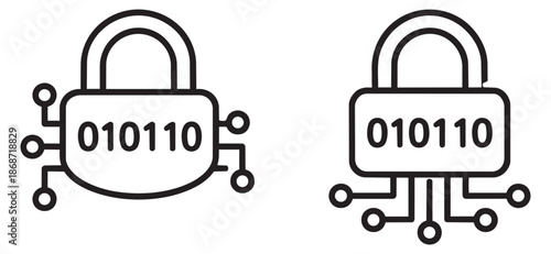 Line art security padlock icons set featuring binary code and circuit connections for cyber protection