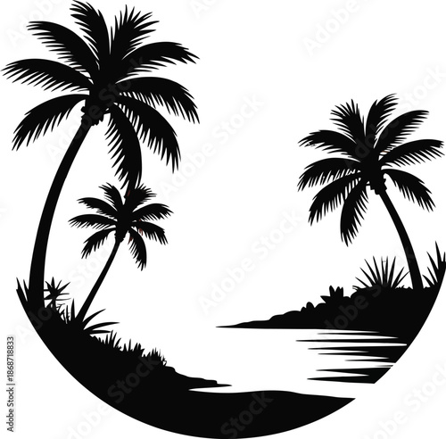Tropical Palm Beach Circular Silhouette