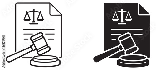 Line art and solid icon set featuring a legal document with scales of justice and a gavel for legal matters