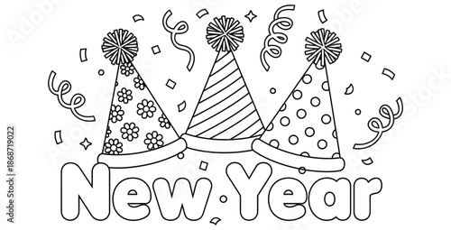 Black and white outline illustration featuring three distinct patterned party hats surrounded by falling confetti and curly streamers above bold text reading new year perfect for coloring pages.