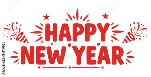 Festive red graphic featuring bold happy new year lettering surrounded by stars and celebratory confetti poppers marking the start of a fresh celebration