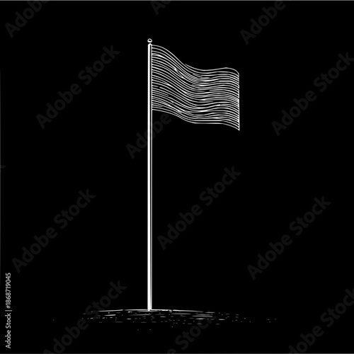 Illustration of a white flag waving on a tall pole against a black background in a simple line drawing style