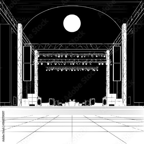 A monochrome illustration of a concert stage with lighting and speakers in a performance venue setup